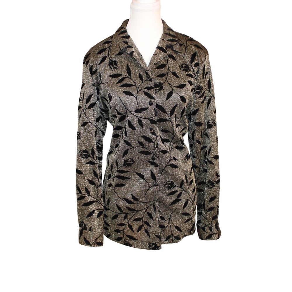 VTG Alfred Dunner Black & Gold Metallic Floral Button Up Shirt sz 12